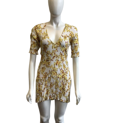 Faithfull The Brand Women's Size 8 Short Sleeved Mini Dress White with Yellow Floral 