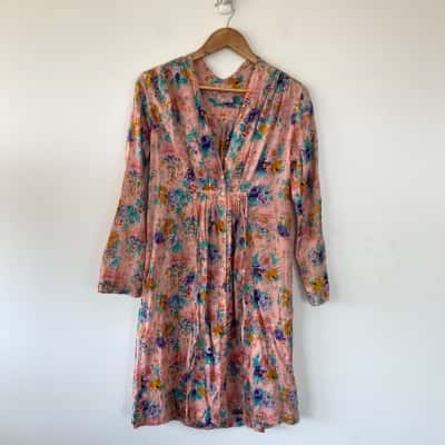 Gigi Isabella Pink Purple Floral Long Sleeve Button Detail Mini Dress Size L