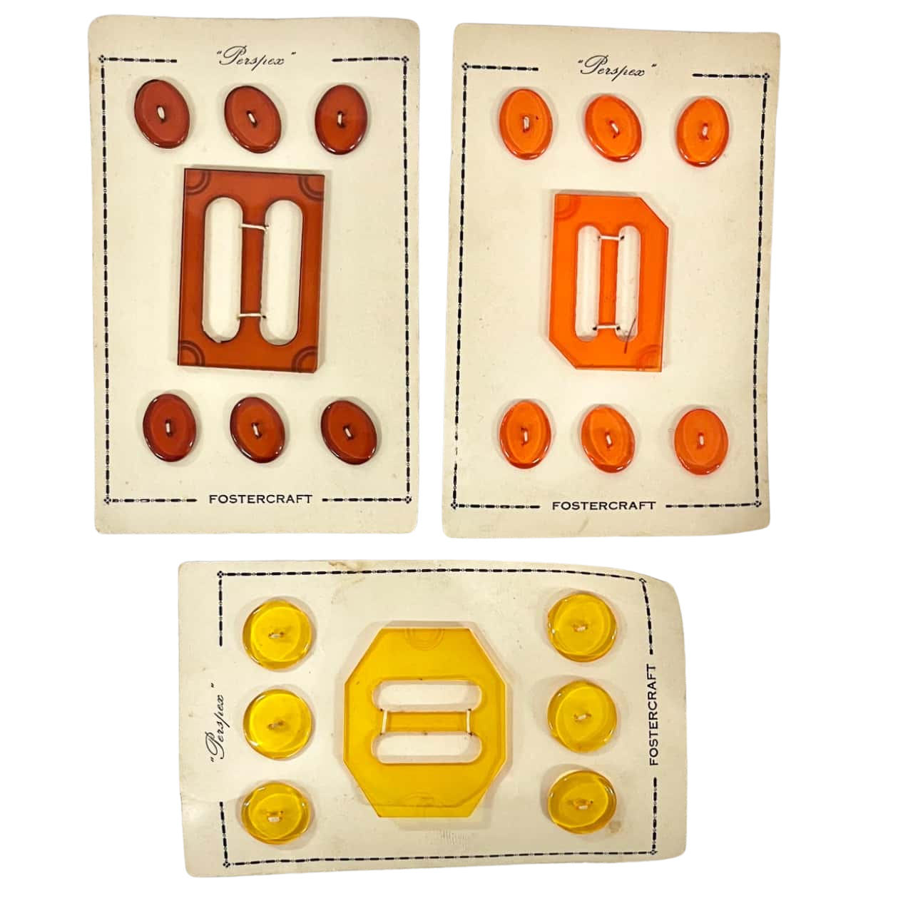 3 Vintage Fostercraft “Perspex” Buttons and Belt Buckle Sets