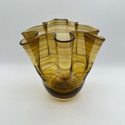 Vintage Handkerchief Ruffle Frill Vase Brown Amber Striped Glass Vase