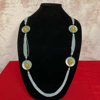 Womens Necklace Amber Stones on Oval Discs with Multi stranded chain 