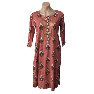 Womens approx Size S / M Dusty Pink / White / Brown / Gold Pattern 3/4 Sleeve Tunic Dress