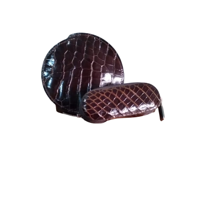di CROCO Crocodile Leather Lipstick Pouch & Round Compact Pouch Bundle