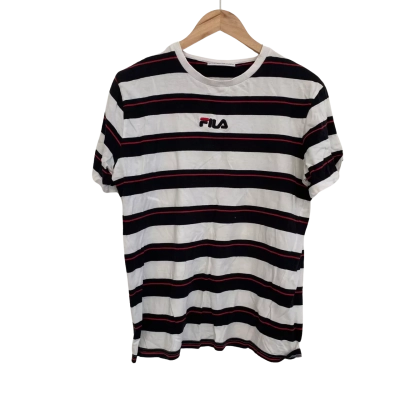Fila Mens  Size M Short Sleeve Shirt Black  / Red / Striped / White 