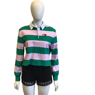 Tommy Jeans Women's Size S Long Sleeved Cropped Polo Green & Pink Striped 