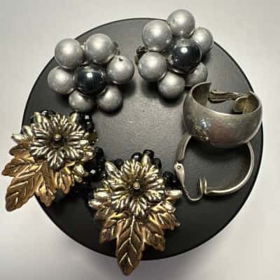 Vtg. Set of 3 Clip on Earrings in Silver, Grey & Black tones 