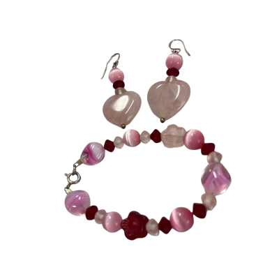 925 Bracelet & Earring Set, Glass Bead, Pink Cat Eye, Rose Quartz