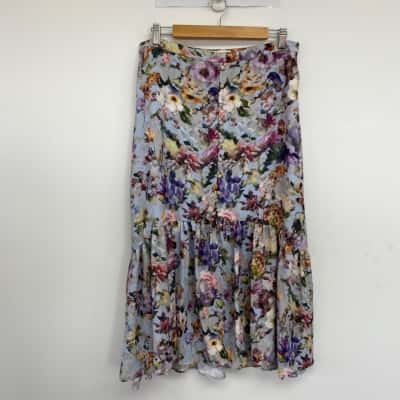 Alannah Hill Blue Floral Button Detail Midi Skirt Size 14 
