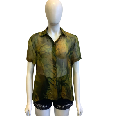 Ever Elegant Women's Size M Silk Short Sleeved Shirt Green Pattern 