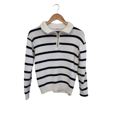 Country Road Womens  Size 10 Quarter Zip Jumper Navy Blue / Striped / White 