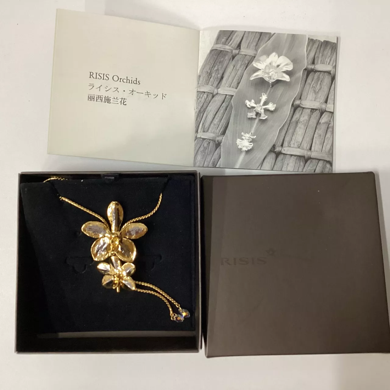 Risis Orchid Dipped in 24kt Gold Adjustable Necklace in Original Box