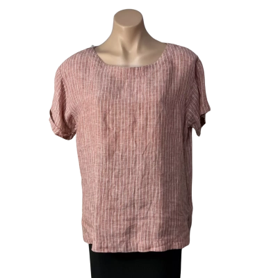 Sussan Womens Size 14 Brown / White Striped 100% Linen Short Sleeve Top