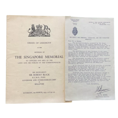 Order Of Ceremony Unveiling Of The Singapore Memorial Program & Official Transmittal Letter 1957