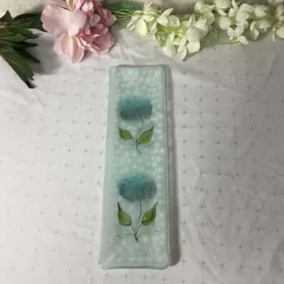 Decorative Blue Floral Pattern Long Rectangular Frosted Glass Platter