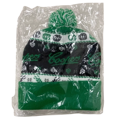  Unisex - One Size - Coopers Ugly Beer Beanie in Green, Black and White with Pom Pom