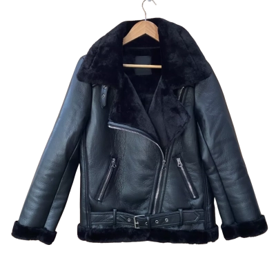 Decjuba Black Faux-Fur/PU Biker Jacket Size 8