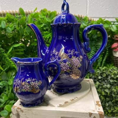 Vintage Cobalt Blue Peacock Japanese Teapot & Jug