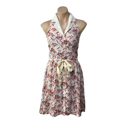 Duchess Womens Size 10 Beige / Blue / Red Bird Pattern Sleeveless Dress
