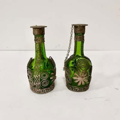 Vintage green glass decorative bottles with ornate metal overlay – boho / Mediterranean style