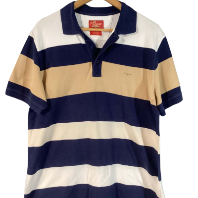 R.M. Williams Mens polo shirt Size L Beige / Navy Blue / Striped / White 