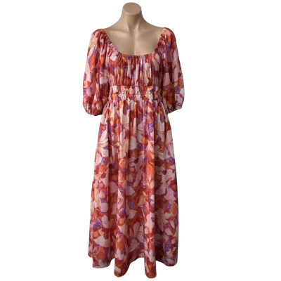 Passion Fusion Womens Size 12 Burnt Orange / Pink / Purple / Cream Pattern Short Sleeve Dress