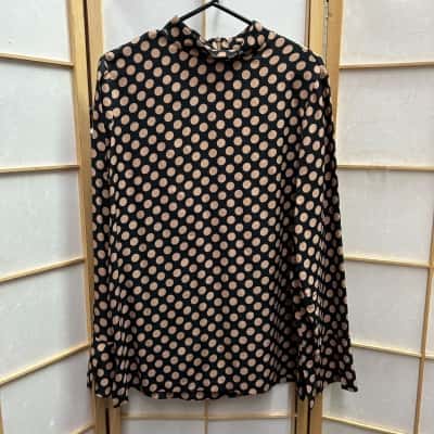 Seed Heritage Women's  Size 14 High Neck Spot Twill Long Sleeve Top in Macchiato Spot Black  / Brown / Polka Dot  RRP: $129.95