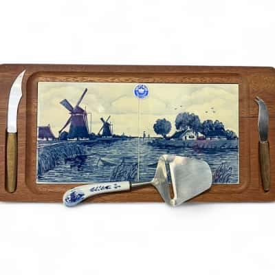 Delft Blue Hand Painted Elesva Tile Cheese Board And Cheese Knives, Holland 