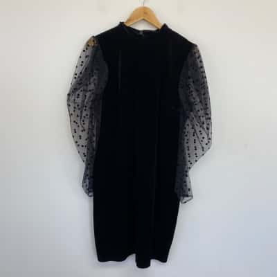 Eloquii Black Velvet Sheer Polka Dot Puff Sleeve Mini Dress  Size 18 