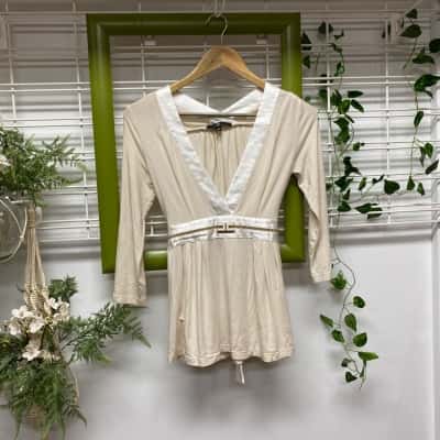  Elisabetta Franchi Celyn B Womens 3/4 Sleeve Top Beige / White Size 12 / 40 