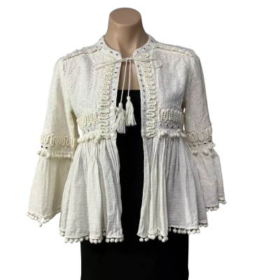 Zara Womens  Size S Cream Embroidered Pom Pom Mirror Detail Jacket