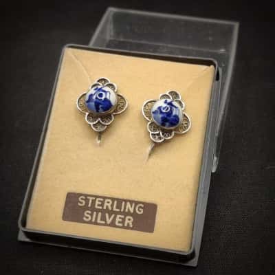 Vintage Sterling Silver Filigree Flower Dutch Windmill Delph "Screw On" Earrings In Original Box