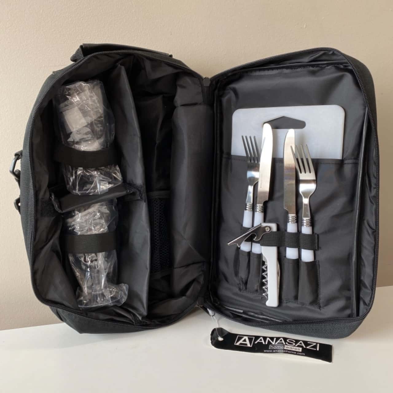 Anasazi Cheese & Wine Picnic Set For Two In Black Carry Bag New With