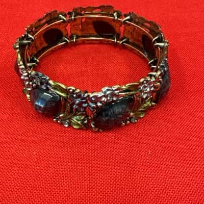  Women's  Hinged Metal Work Bracelet featuring a Green Leaf, Blue Flowers Vine with Black Beads