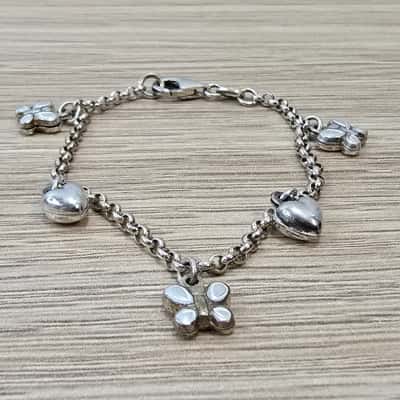 Italian 925 Sterling Silver Child’s Charm Bracelet – Hearts & Butterflies