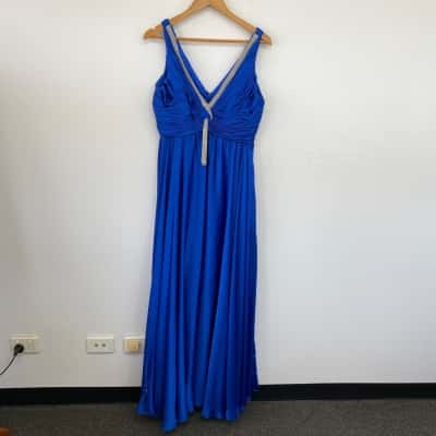 Min Yun Blue Silver SLeeveless Evening Maxi Dress  Size 14 