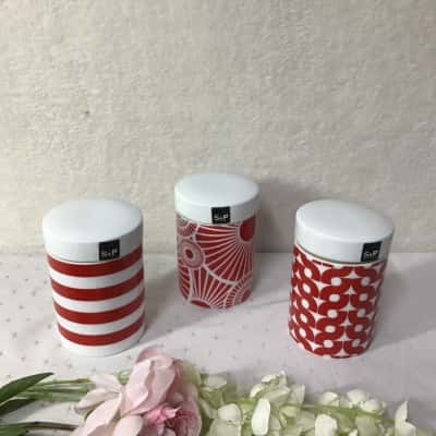 Salt & Pepper 3 x White / Red Pattern Ceramic Lidded Cannisters (new)