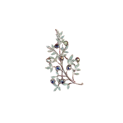  Womens Brooch Pale Green/Blue Branch and Leaf Brooch With Irridescent Crystals circa(1960's)