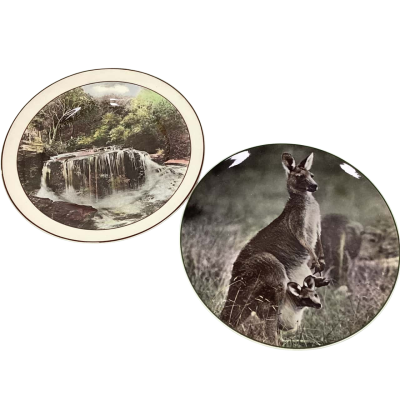 Vintage Grindley England Australian Souvenir Plates (Pair) – Kangaroo & Blue Mts Weeping Rock
