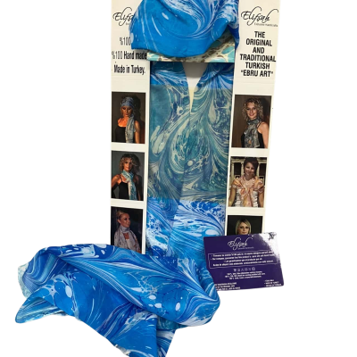 Elifsah - Turkish Ebru Art Blue scarf 
