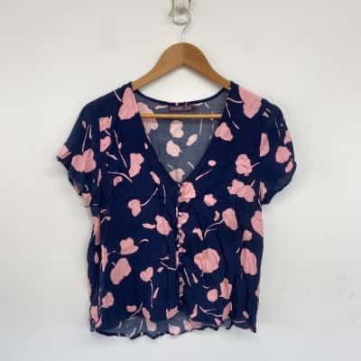 Mister Zimi Navy Blue Pink Floral Short Sleeve Blouse Top  Size 10 