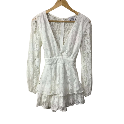 HELLO MOLLY Womens Size 10 / M White Pattern Lace Long Sleeve Playsuit 