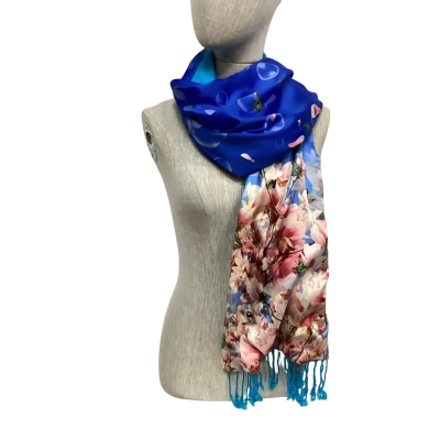  Reversible Mulberry Silk Scarf Floral Butterfly Blue 
