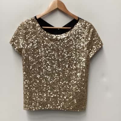  Womens  Size M Black  / Gold sequin cross back top 