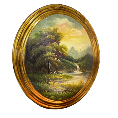 Vintage Landscape River with a waterfall and Mountains oil Painting. 