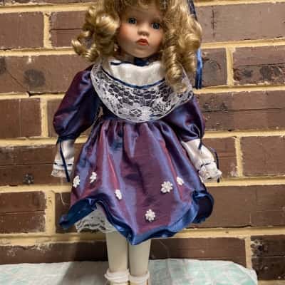 Vintage Porcelain Doll On Stand With Blue/Purple Dress