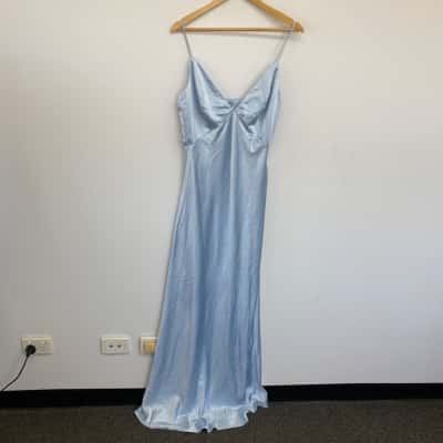 Showpo Sky Blue Quincy Satin Slip Maxi Dress Size 12 