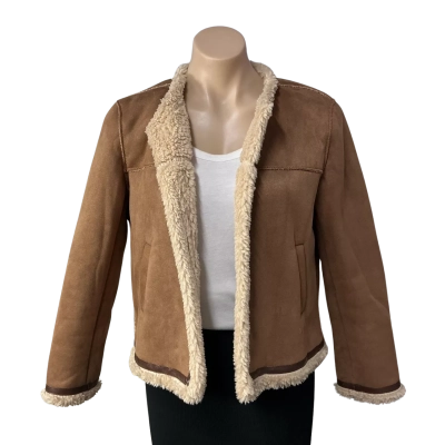 Womens approx Size S / M Brown / Beige Fleece Lined Open Collarless Jacket