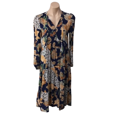 Sussan Womens Size 6 Navy Blue / Orange / White / Green Floral Long Sleeve Midi Dress 