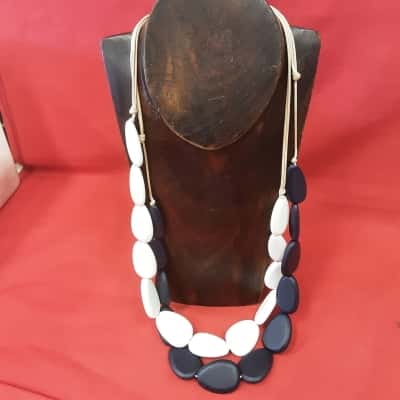 2 Pebble style wooden beaded neck laces one white one blue