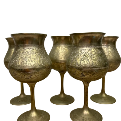 Set of 5 Vintage Etched Wine Goblets